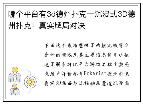 哪个平台有3d德州扑克—沉浸式3D德州扑克：真实牌局对决
